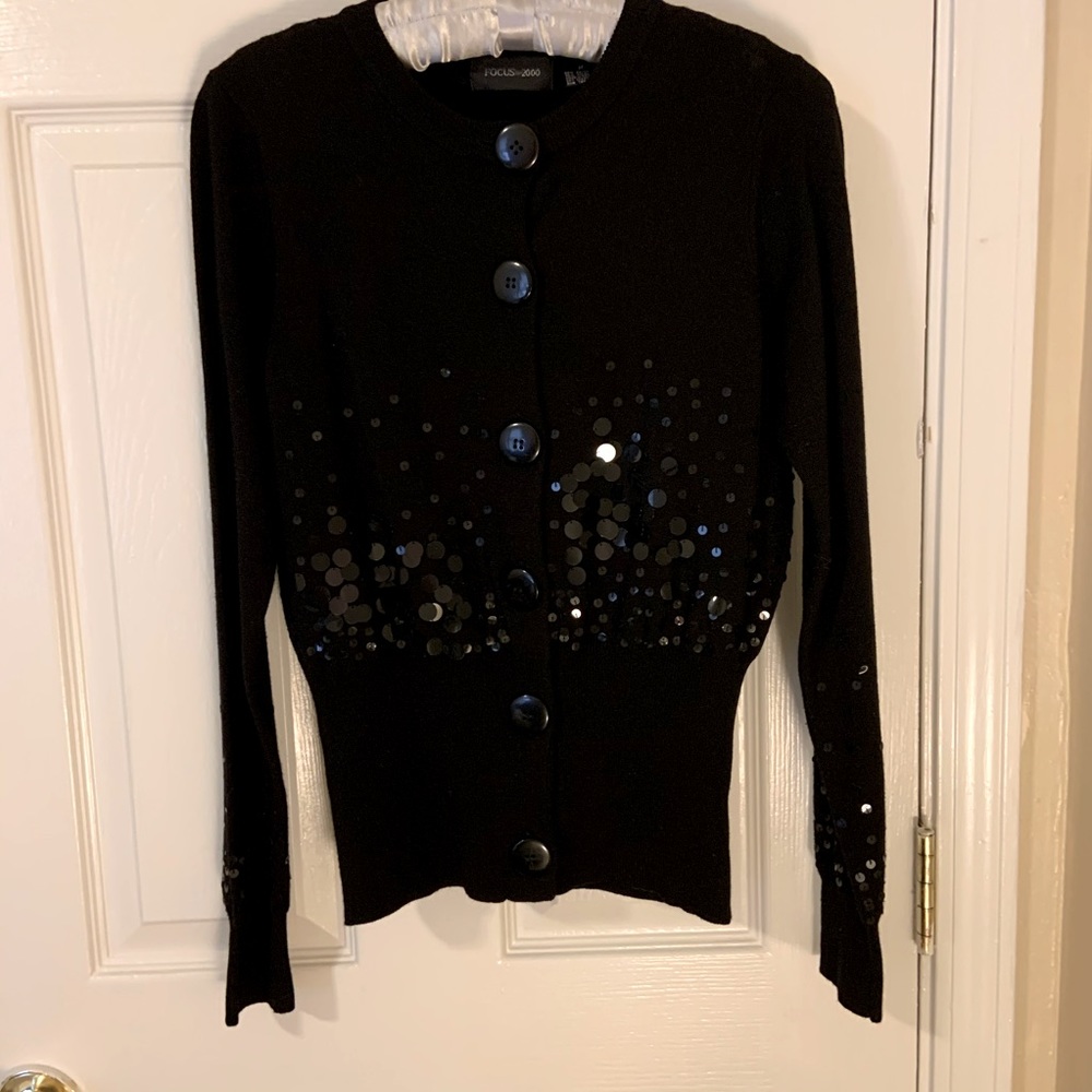 Blk hip length buttons  sequin sweater cardigan